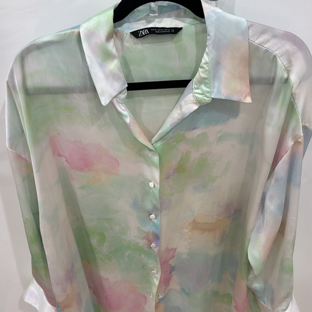 Zara Multicolored Button Down Shirt Notched Collar 3/4 Sleeve